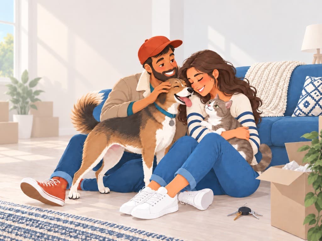 A couple with their dog and cat on move-in day